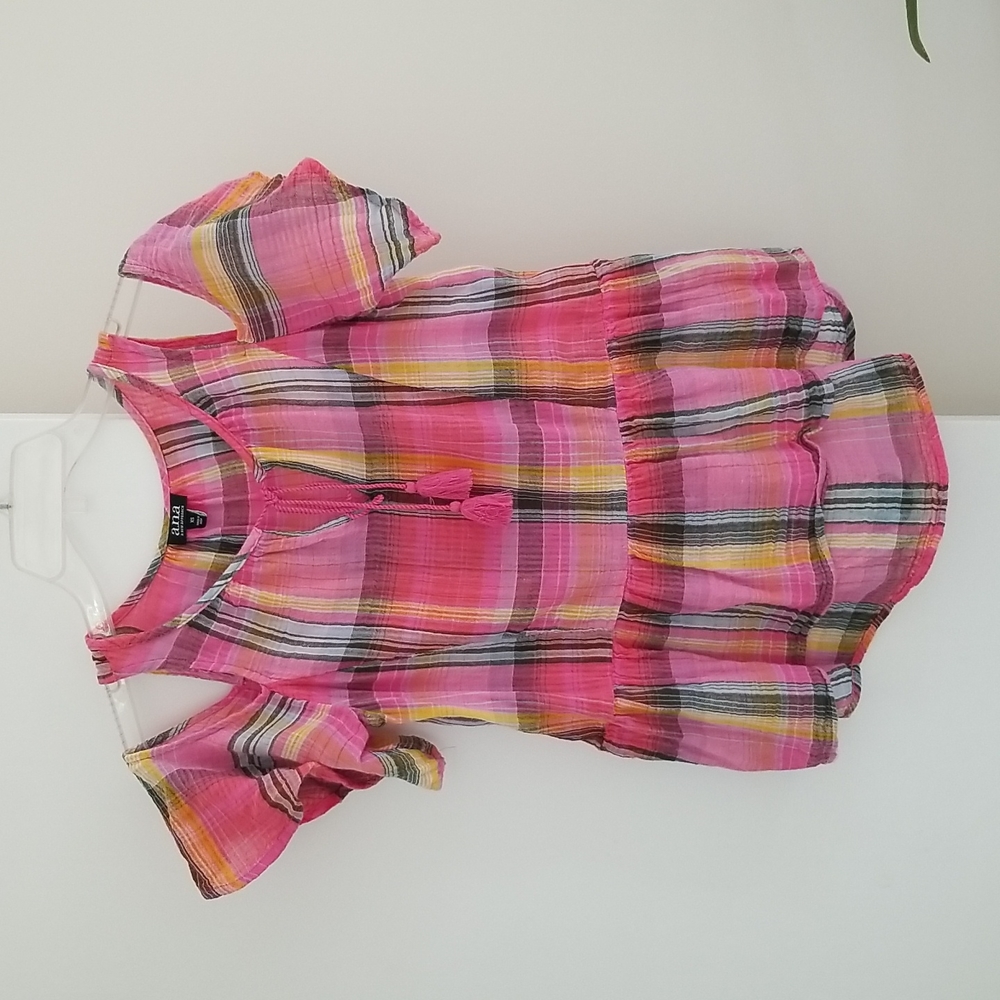 Pink Plaid Madras Open Shoulder Short Sleeved Bohemian Top with Tassel Ties